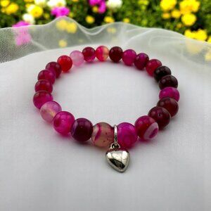Pink and Red Agate Stretch Bracelet Silver Tone Heart Charm